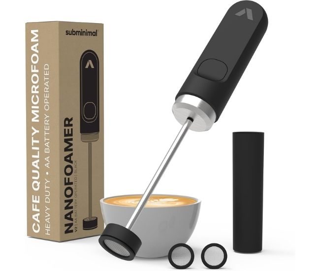 Rechargeable handheld milk frother wand with a whisk head and two speed settings