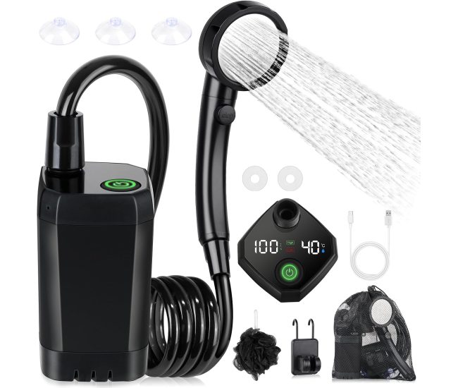 Rechargeable camping shower pump with a shower head and LED display