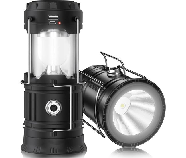 Collapsible solar camping lantern with a USB port, shown open as a lantern